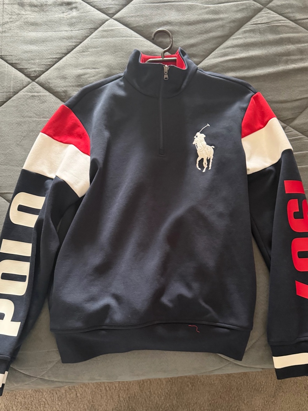 Ralph Lauren Navy Half-Zip Sweatshirt with Red & White Sleeve Panels